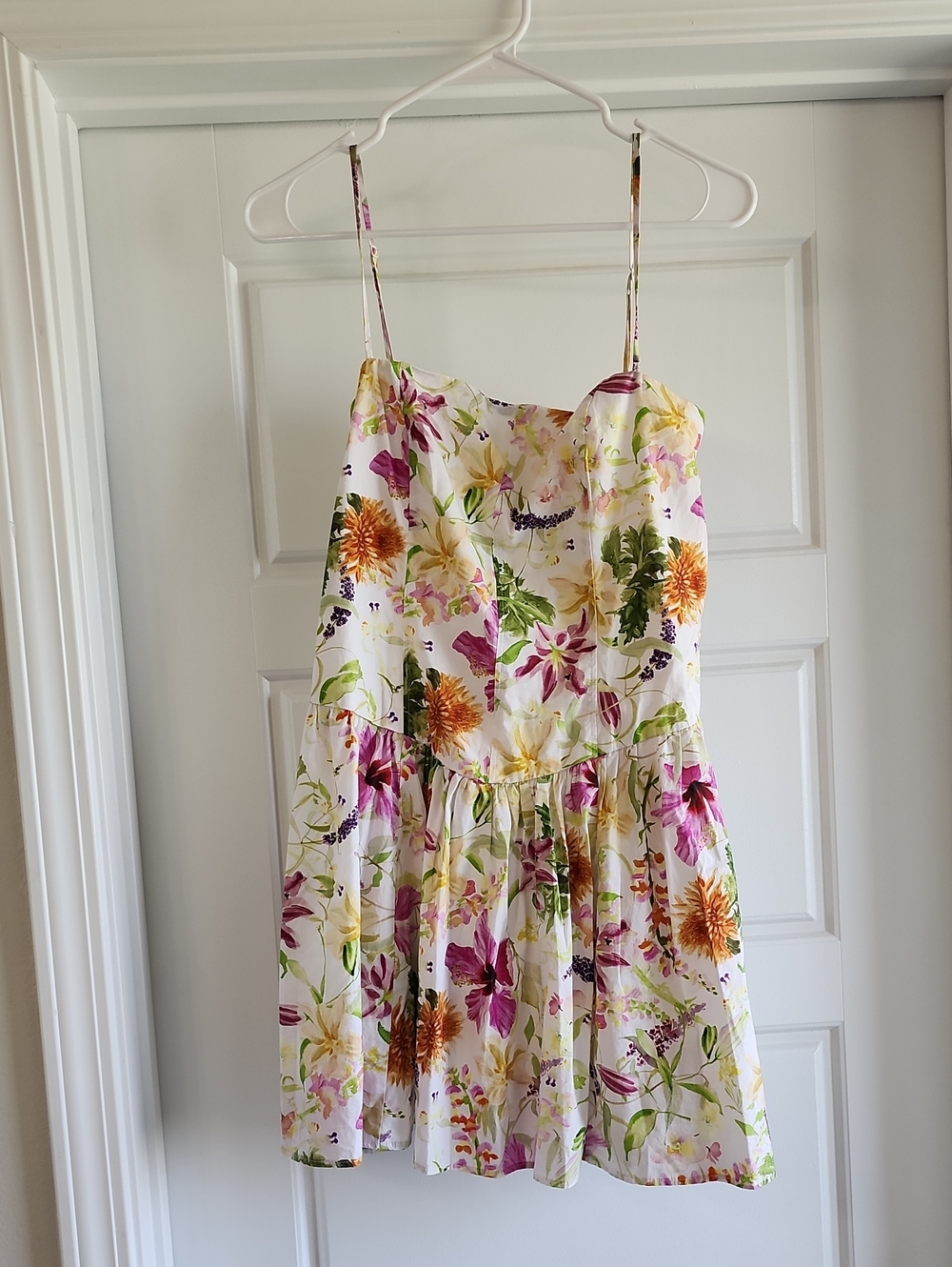 Floral Spaghetti-Strap Dress - White with Pink & Orange Blooms